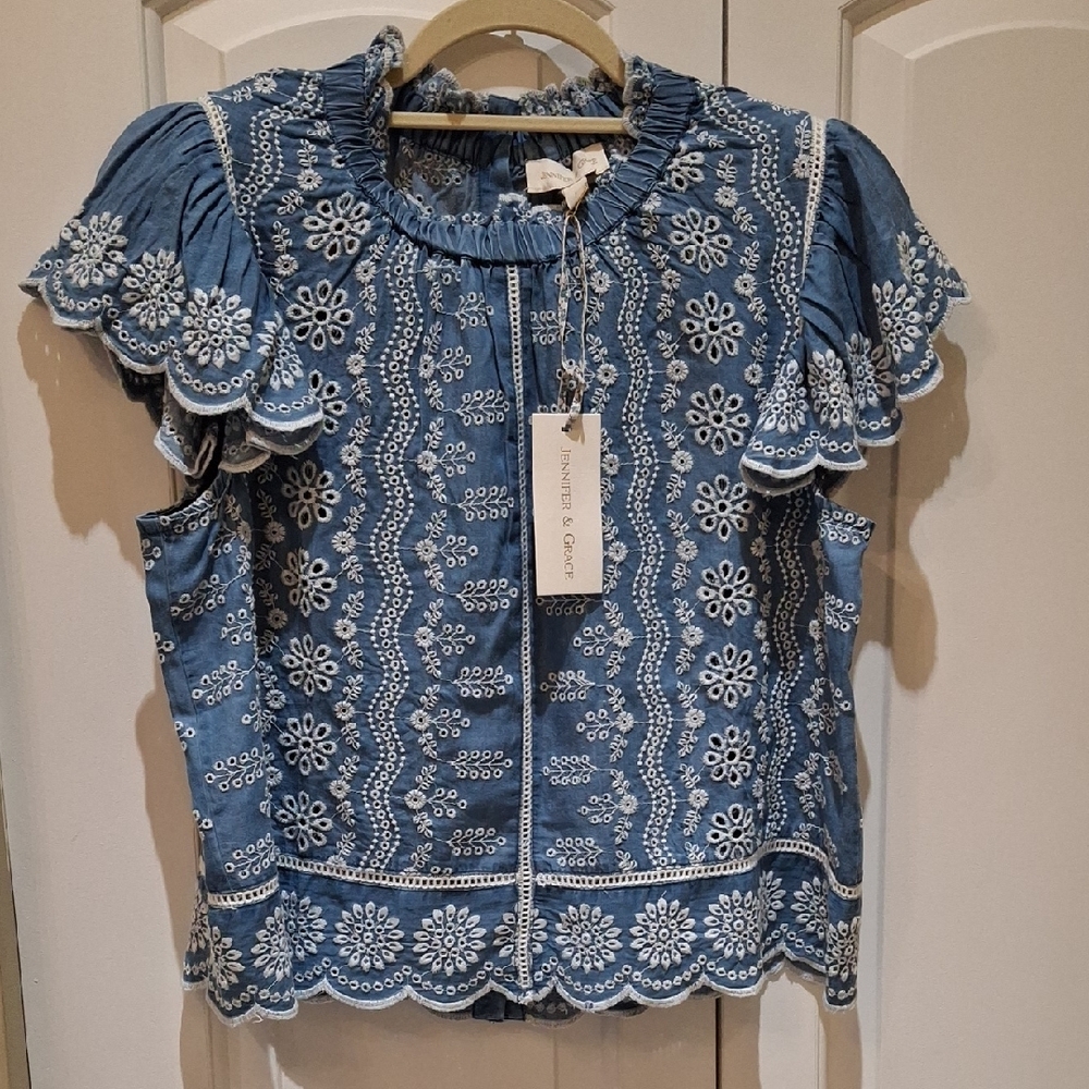 Nwt Jennifer & Grace Blue Embroidered Short Sleeve Top